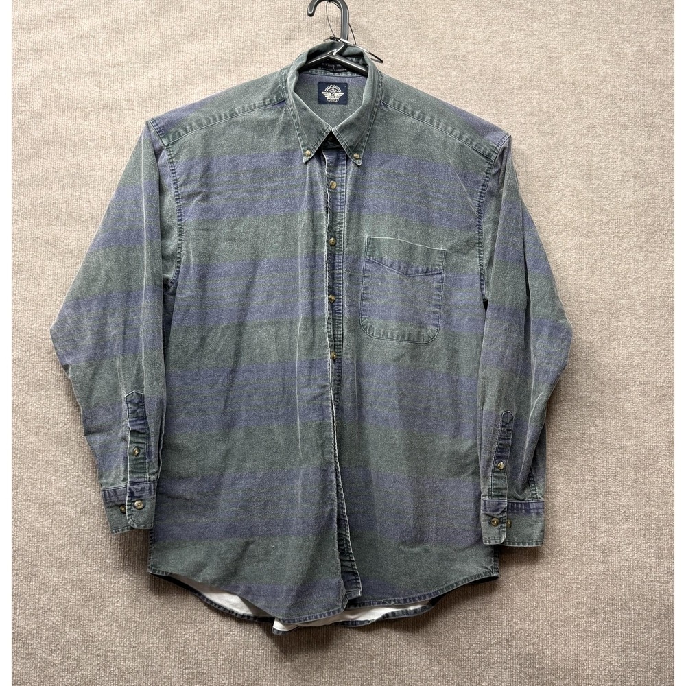 Vintage Dockers Levis Mens Large Green Blue Striped Cotton Button Down Shirt L